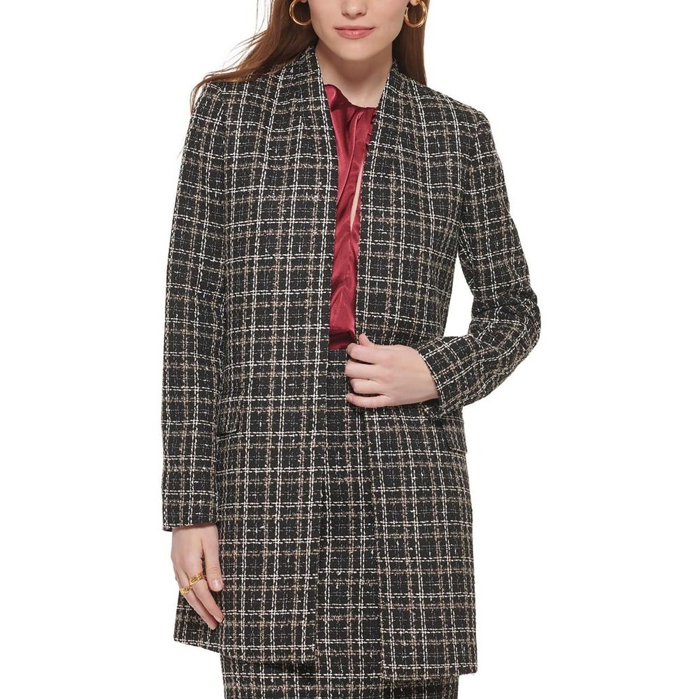 Calvin Klein Womens 20W Plaid Tweed Open Front Topper Jacket Black Gold Metallic
